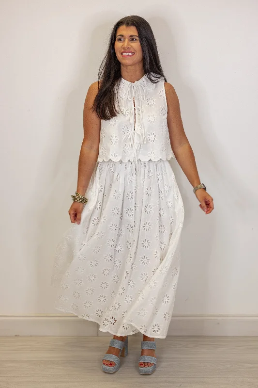 Eyelet Floral Cream Midi Skirt Set mini skirt trendy