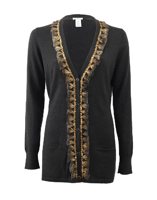 Long Cardigan With Feather Embroidery Herringbone Houndstooth Plaid