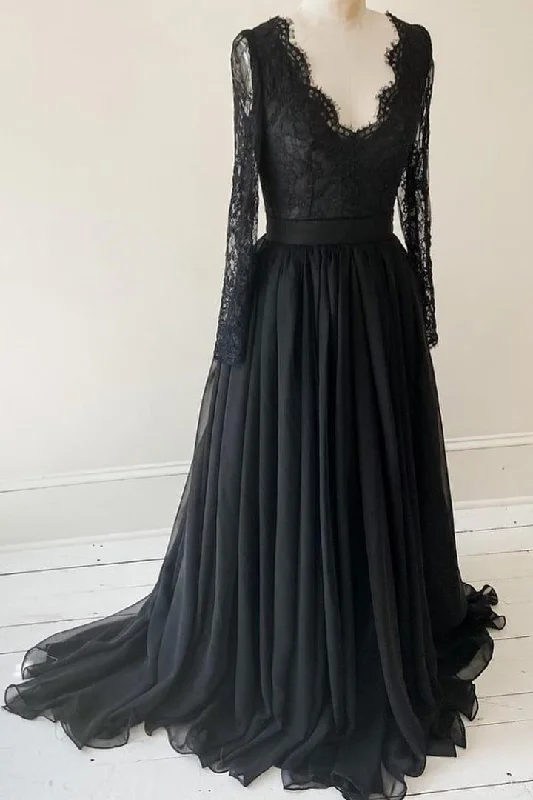Lace Long Sleeves Black Evening Gown with Chiffon Skirt cashmere skirt rich