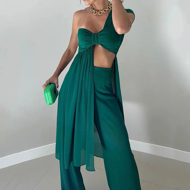 Women Fashion Sexy Solid Color Lace-Up Irregular Top Pants Set Comfy Cargo Trousers