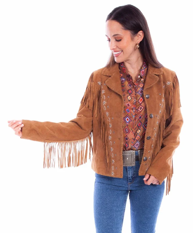 Scully Womens Western Fringe Button Tan Leather Leather Jacket A-Line Jacket Boat Neck Shawl Collar Scully Womens Western Fringe Button Tan Leather Leather Jacket A-Line Jacket Boat Neck Shawl Collar