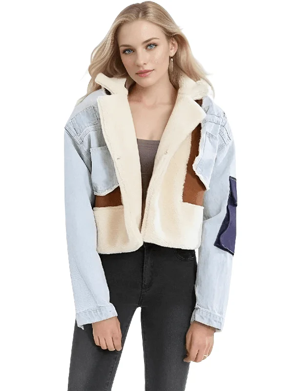 Women's Patchwork Denim Jacket With Lamb's Wool Faux Fur Jacket Real Fur Jacket Shearling Jacket Women's Patchwork Denim Jacket With Lamb's Wool Faux Fur Jacket Real Fur Jacket Shearling Jacket