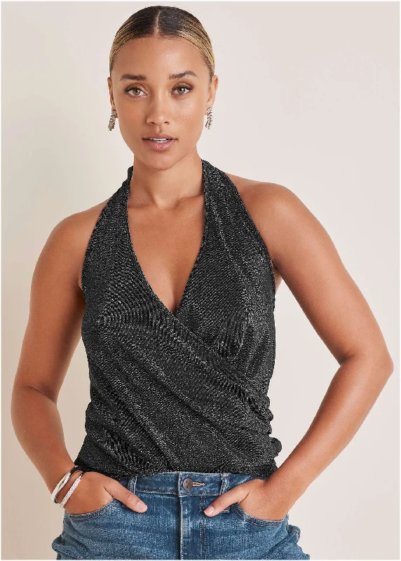 Glitter Knit Wrap Tank - Jet Black Glitter Knit cropped tank top