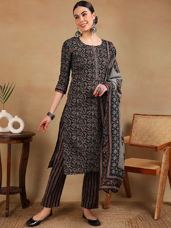 Women's Black Viscose Rayon Embroidered Straight Kurta Pant Set With Dupatta - Ahika Soft Sweatpants Style Women's Black Viscose Rayon Embroidered Straight Kurta Pant Set With Dupatta - Ahika Soft Sweatpants Style