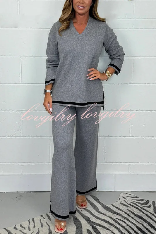 Solid Color V-neck Long-sleeved Loose Top and Elastic Waist Wide-leg Pants Set Comfortable Cargo Pants Solid Color V-neck Long-sleeved Loose Top and Elastic Waist Wide-leg Pants Set Comfortable Cargo Pants