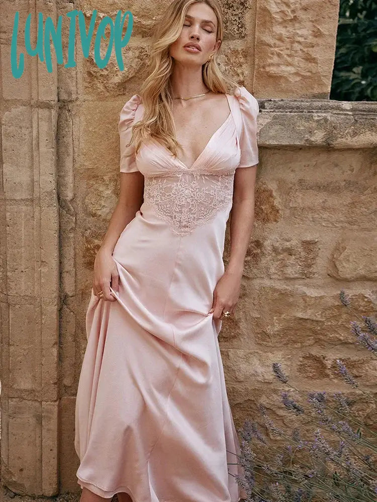 Lunivop Autumn Long Dresses for Women Elegant Pink Maxi V Neck Formal Occasion Dress Puff Sleeve Evening Party Dresses Tunics Fall fleece Lunivop Autumn Long Dresses for Women Elegant Pink Maxi V Neck Formal Occasion Dress Puff Sleeve Evening Party Dresses Tunics Fall fleece