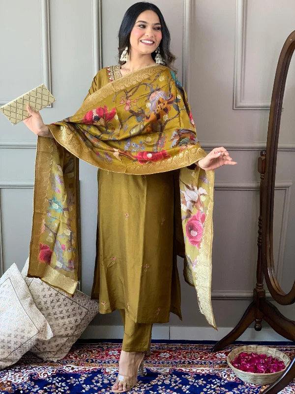 Women's Mustard Embroidery Kurta With Pant And Duppata Set - Dwija Fashion Comfortable Pleated Pants Women's Mustard Embroidery Kurta With Pant And Duppata Set - Dwija Fashion Comfortable Pleated Pants