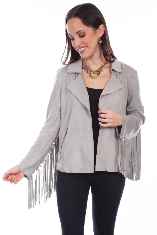 Scully Womens Western Fringe Light Grey Poly/Spandex Faux Leather Jacket Zippered Front Buttoned Front Snap Front Scully Womens Western Fringe Light Grey Poly/Spandex Faux Leather Jacket Zippered Front Buttoned Front Snap Front