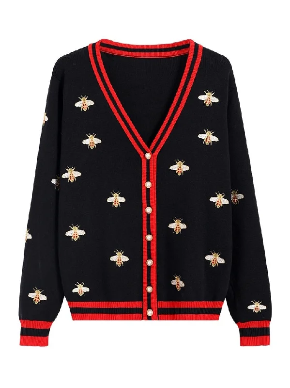 Preppy Bee Embroidered Cardigan Hooded Caped Shawl Collar