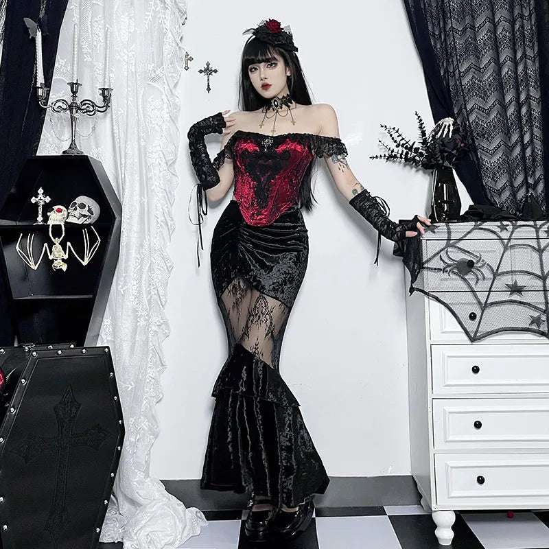 Velvet Mermaid Maxi Skirt | Black | Elegant Lace Cutout Gothic Style velvet skirt sumptuous