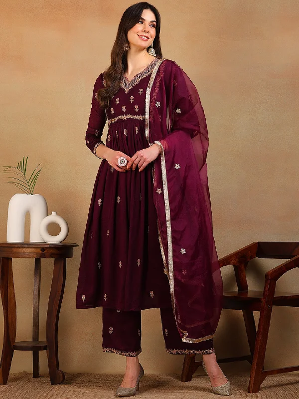 Women's Purple Silk Blend Embroidered A-Line Kurta Pant Set With Dupatta - Ahika Stylish Paperbag Waist Pants Women's Purple Silk Blend Embroidered A-Line Kurta Pant Set With Dupatta - Ahika Stylish Paperbag Waist Pants