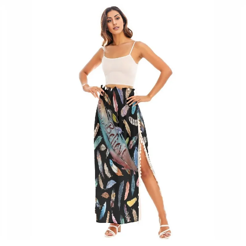BELIEVE Feather Print Side Split Long Fringe Skirt a-line skirt cut