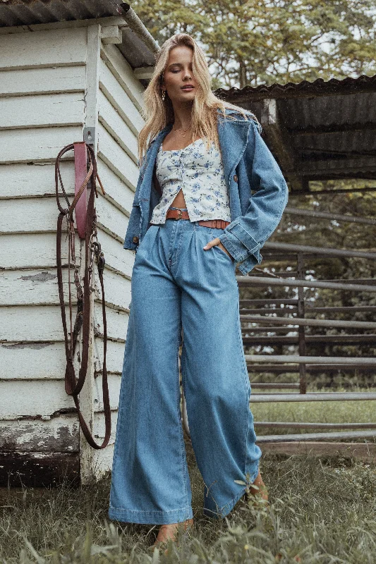 Rosalee Chambray Wide Leg Pant - Medium Denim Cozy Full-Length Pants
