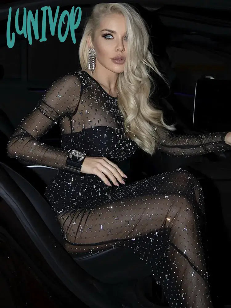Lunivop Women Summer Fashion Sexy Long Sleeve Tranparent Black Sparkly Mesh Maxi Long Dress Elegant Evening Club Party Dress Tunics Polka dots Lunivop Women Summer Fashion Sexy Long Sleeve Tranparent Black Sparkly Mesh Maxi Long Dress Elegant Evening Club Party Dress Tunics Polka dots
