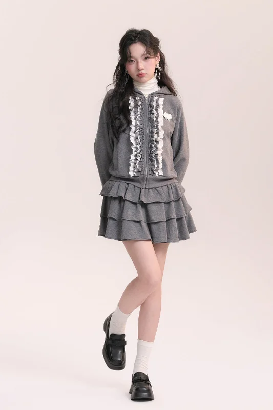 Ruffle Zip Design Girly Foodie Top & Ruffle Layered Mini Skirt AOO0036 lace skirt romantic Ruffle Zip Design Girly Foodie Top & Ruffle Layered Mini Skirt AOO0036 lace skirt romantic