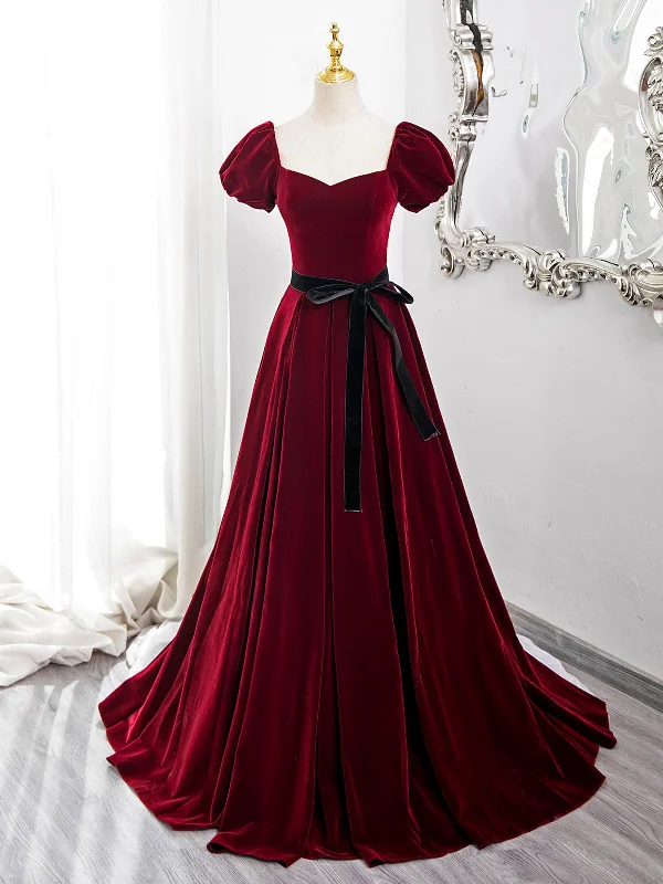 Wine Red Velvet Short Sleeves A-line Prom Dress, Wine Red Long Party Dress Tunics Floral girly Wine Red Velvet Short Sleeves A-line Prom Dress, Wine Red Long Party Dress Tunics Floral girly