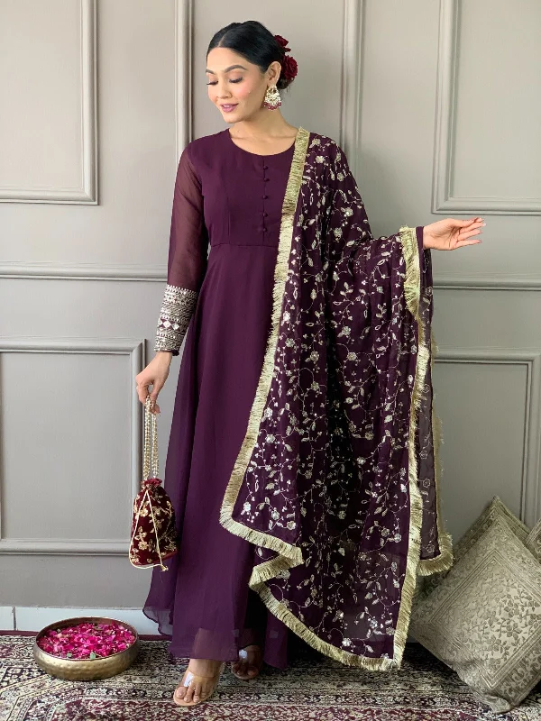 Women's Wine Embroidery Kurta With Pant And Duppata Set - Dwija Fashion Relaxed Fit Trousers