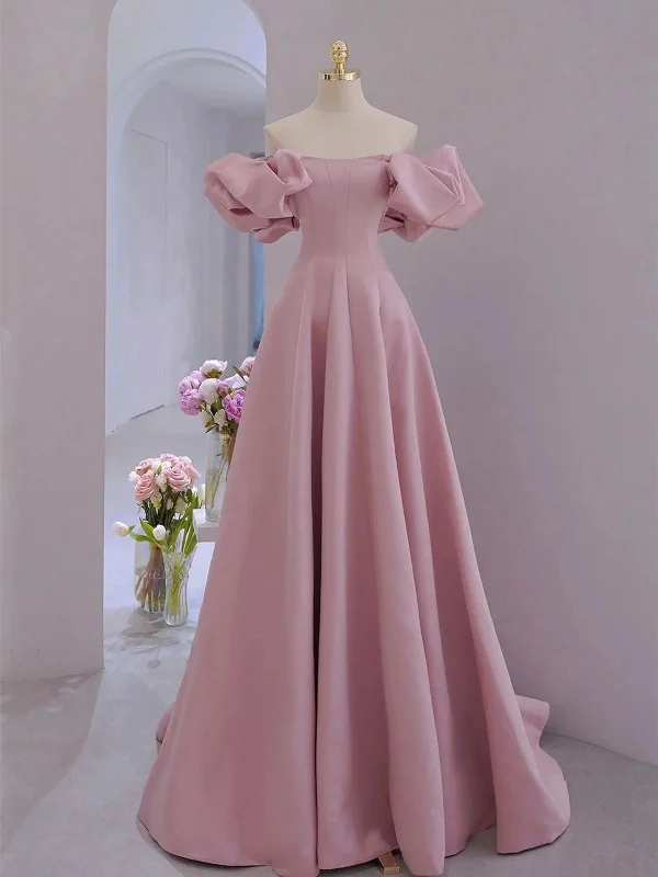 Pink Satin A-line Floor Length Party Dress, Pink Satin Short Sleeves Prom Dress Tunics Print Colorful Pink Satin A-line Floor Length Party Dress, Pink Satin Short Sleeves Prom Dress Tunics Print Colorful