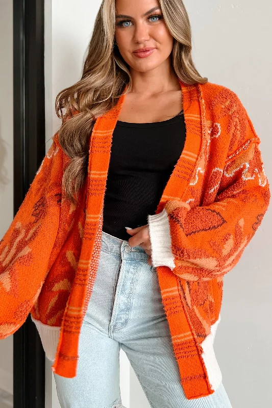 Bright Spot Open Front Floral Cardigan (Fire Orange) Terry Blend Velvet Blend Canvas Blend Bright Spot Open Front Floral Cardigan (Fire Orange) Terry Blend Velvet Blend Canvas Blend