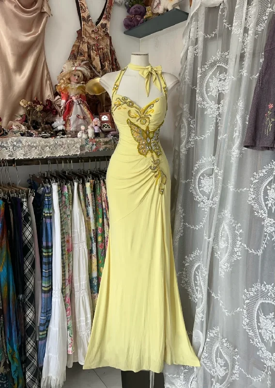 Yellow Halter Sweetheart Mermaid Vintage Long Party Dress Evening Dress, DP4560 Tunics Bridal satin Yellow Halter Sweetheart Mermaid Vintage Long Party Dress Evening Dress, DP4560 Tunics Bridal satin
