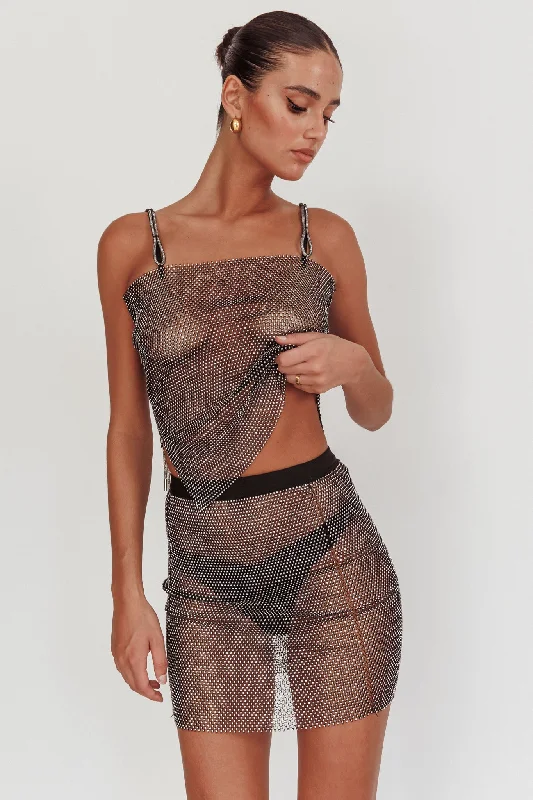 Glamazon Rhinestone Mesh Mini Skirt Black denim skirt durable