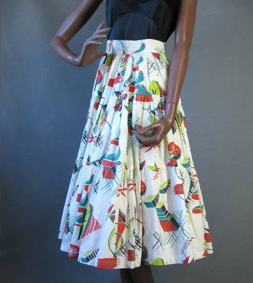 Women's 50s Circle Skirt Atomic Kitsch MCM Print Full Tiered Vintage Medium VFG patchwork skirt art