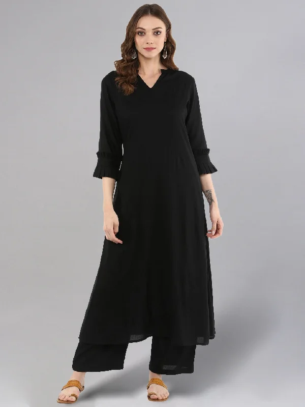 Women's Black A-Line Kurta With Palazzo Pants - Idalia Slim Fit Casual Pants