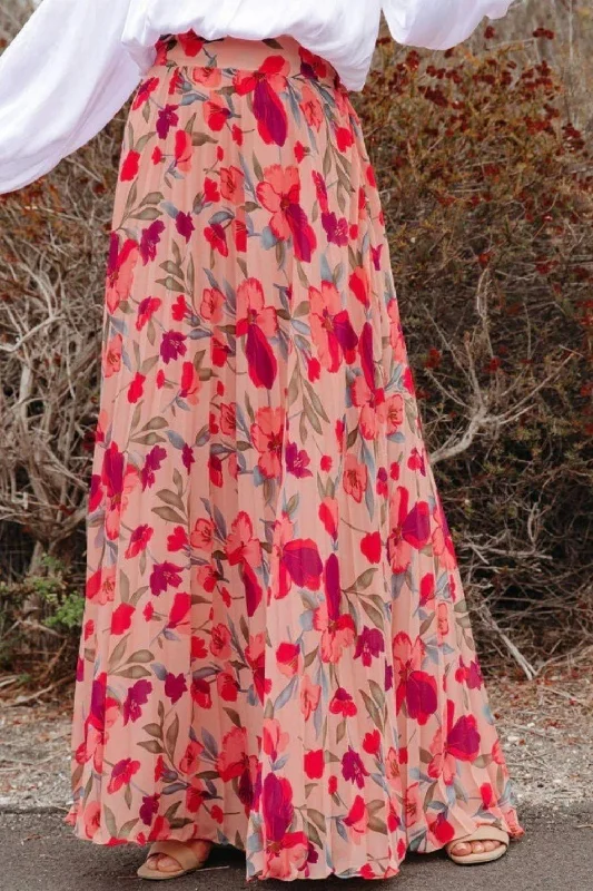 Printed Elastic Waist Pleated Maxi Skirt high slit skirt