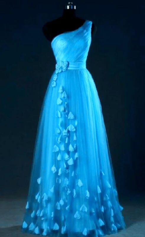 Blue One Shoulder Tulle Party Dress with Floral Detail, Elegant prom Dress, Wedding Party Dresses cg2524 Tunics Fleece cozy Blue One Shoulder Tulle Party Dress with Floral Detail, Elegant prom Dress, Wedding Party Dresses cg2524 Tunics Fleece cozy