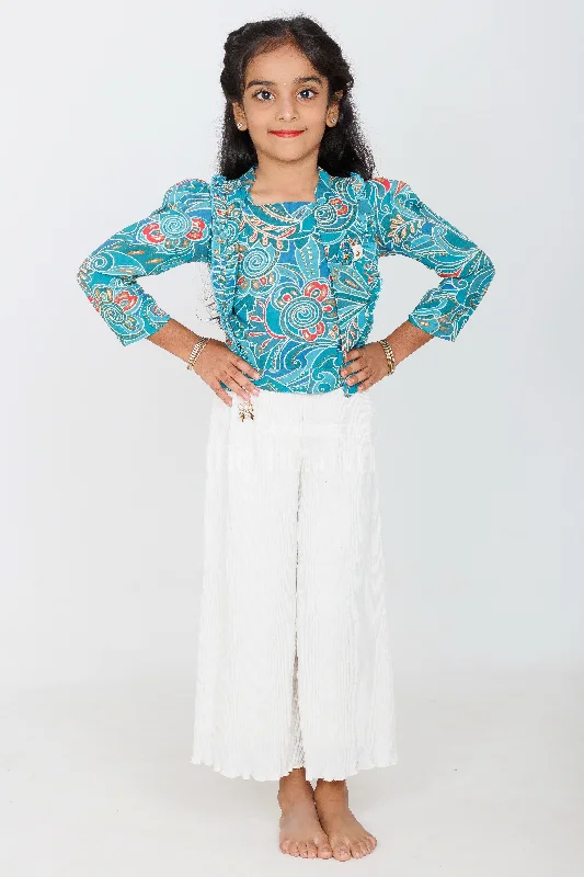 Teal Green Girls Sharara Set with Printed Blazer and Cream Palazzo Pants Fashionable Work Pants