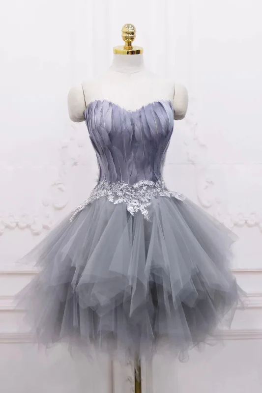Gray Tulle Short Prom Dress with Feather, Chic A-Line Strapless Party Dress Tunics Distressed trendy Gray Tulle Short Prom Dress with Feather, Chic A-Line Strapless Party Dress Tunics Distressed trendy