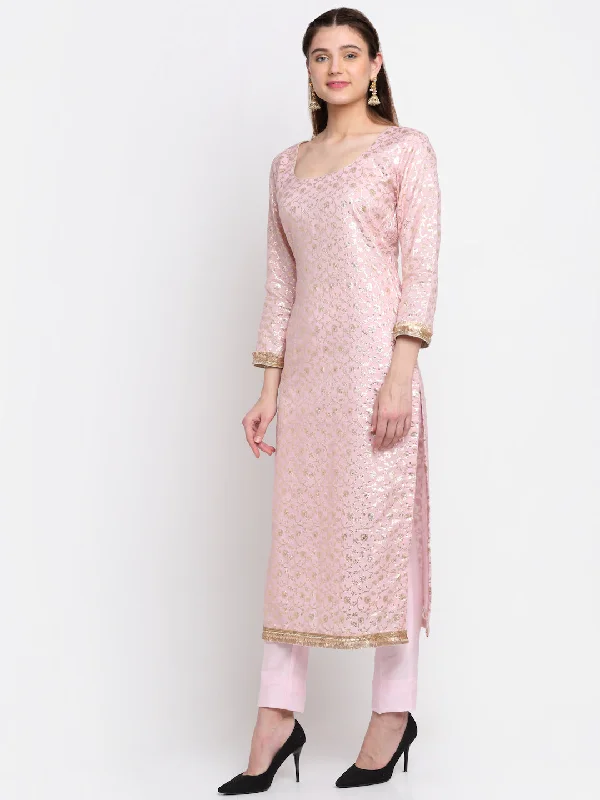 Women's Crystal Pink Chanderi Kurti With Straight Pants - Anokherang Modern Bootcut Pants Women's Crystal Pink Chanderi Kurti With Straight Pants - Anokherang Modern Bootcut Pants