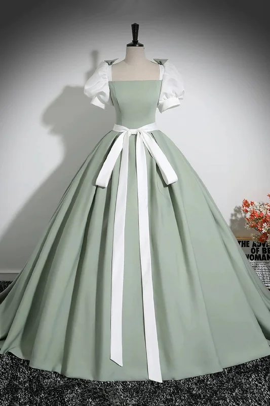 White and Green Floor Length Prom Dress, Lovely A-Line Short Sleeve Evening Party Dress Tunics Running lightweight White and Green Floor Length Prom Dress, Lovely A-Line Short Sleeve Evening Party Dress Tunics Running lightweight