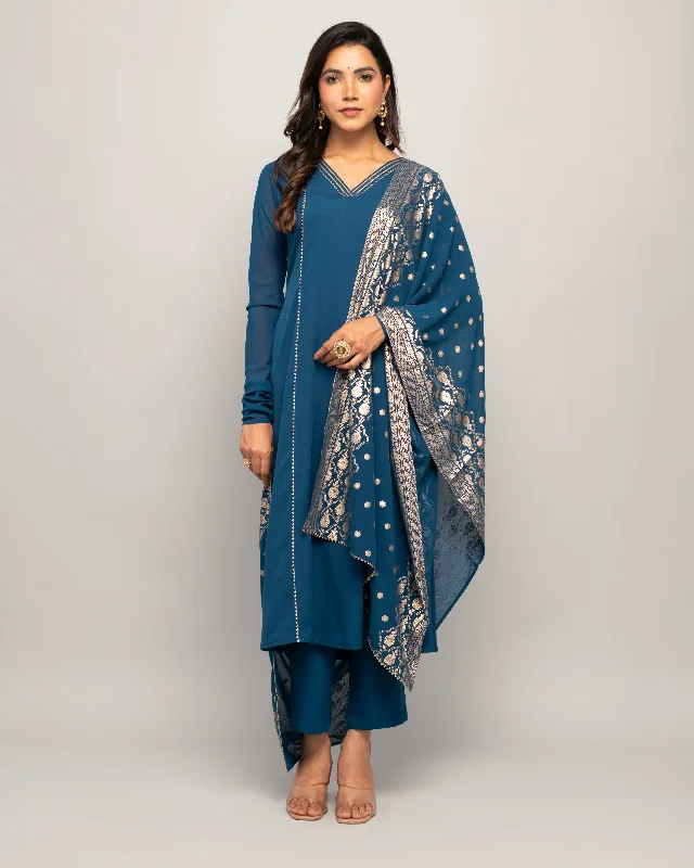 Women's Teal Blue Creap A-Line Kurta Pant With dupatta - Fiorra Trendy Printed Pants Women's Teal Blue Creap A-Line Kurta Pant With dupatta - Fiorra Trendy Printed Pants