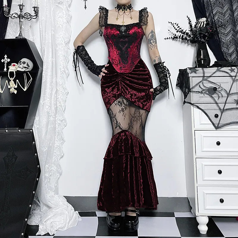 Deep Red Velvet Mermaid Maxi Skirt | Cinched Floral Lace Pattern denim skirt trendy