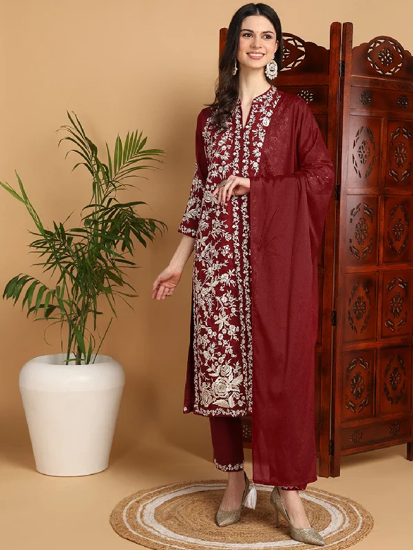 Women's Maroon Silk Blend Embroidered Straight Kurta Pant Set With Dupatta - Ahika Modern Stretch Trousers Women's Maroon Silk Blend Embroidered Straight Kurta Pant Set With Dupatta - Ahika Modern Stretch Trousers