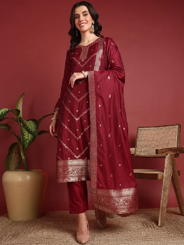 Women's Maroon Silk Blend Woven Design Straight Kurta Pant Set With Dupatta - Ahika Fashionable Sporty Pants