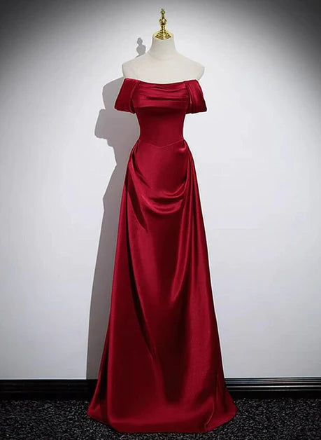 Elegant wine red satin shoulder length party dress with wine red A-line satin back strap and floor length evening dress Tunics Denim casual Elegant wine red satin shoulder length party dress with wine red A-line satin back strap and floor length evening dress Tunics Denim casual