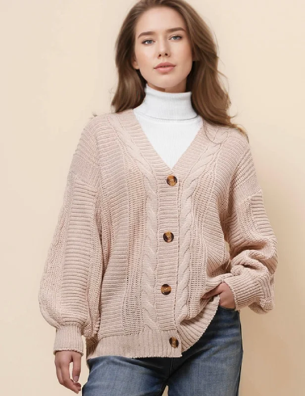 Ladies Solid Color Cable Knit Botton Cardigan SKT4833 Tailored Straight A-Line