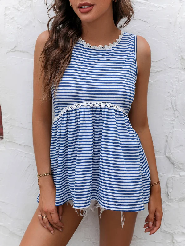 Nicolette Striped Lace Trim Round Neck Tank soft pink tank