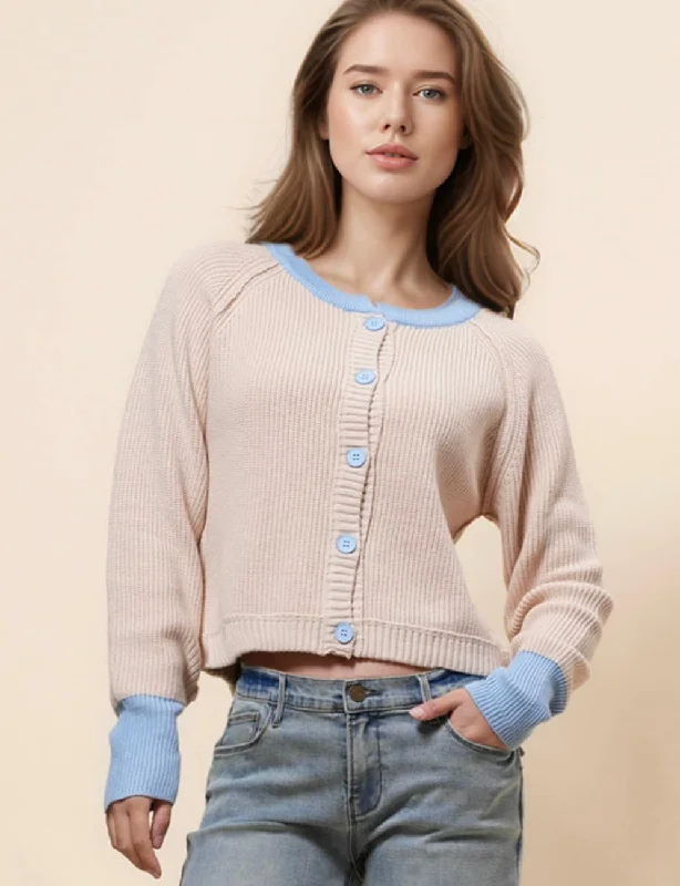 Ladies Color Block Round Neck Cardigan SKT41024 Lace Blend Ribbed Blend Corduroy Blend