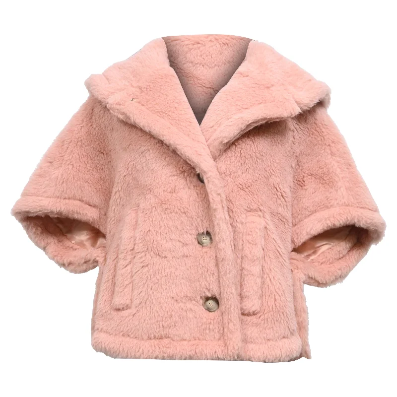 Max Mara Short-Sleeved Jacket in Pink Wool Faux Fur Jacket Real Fur Jacket Shearling Jacket