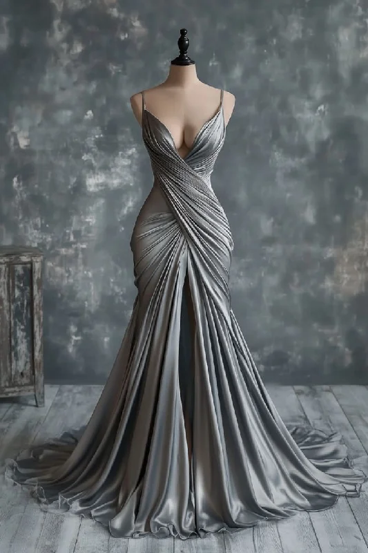 Elegant Grey Spaghetti Straps Mermaid Satin Long Party Dress Evening Gown, DP4901 Tunics Luxurious high-end Elegant Grey Spaghetti Straps Mermaid Satin Long Party Dress Evening Gown, DP4901 Tunics Luxurious high-end