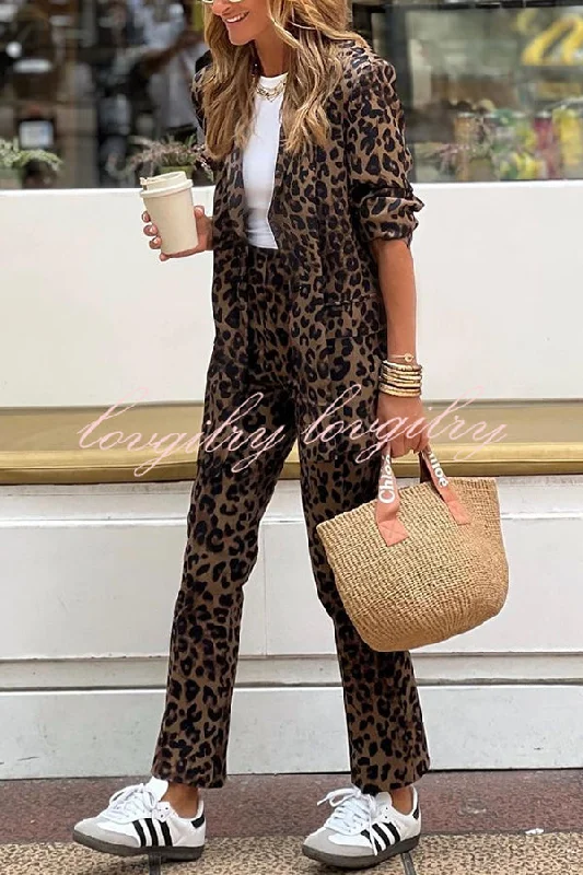 Wild Personality Leopard Pocket Relaxed Lapel Blazer and Elastic Waist Pants Set Chic Wool Trousers Wild Personality Leopard Pocket Relaxed Lapel Blazer and Elastic Waist Pants Set Chic Wool Trousers