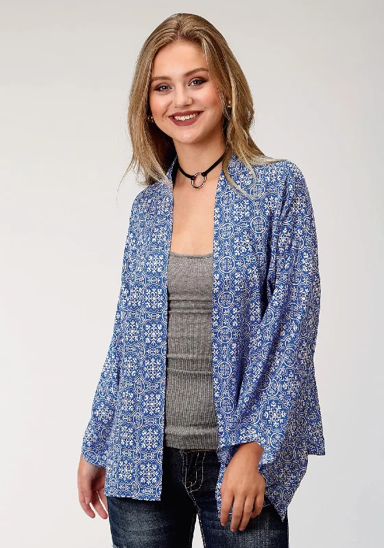 Roper Womens Blue Rayon/Nylon Tile Print Cardigan Cashmere Blend Cotton Blend Poly Blend Roper Womens Blue Rayon/Nylon Tile Print Cardigan Cashmere Blend Cotton Blend Poly Blend