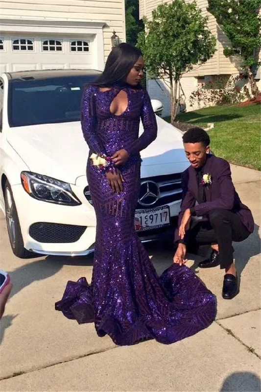 Sexy Keyhole High Neck Mermaid Purple Sequined Prom Dresses Long Sleeves Black Girl Long Evening Party Dress cg5539 Pencil Length Work Sexy Keyhole High Neck Mermaid Purple Sequined Prom Dresses Long Sleeves Black Girl Long Evening Party Dress cg5539 Pencil Length Work