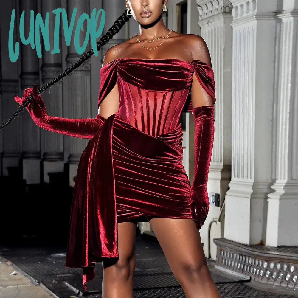 Lunivop Off The Shoulder Velvet Dress Elegant Wine Red Bodycon Night Evening Party Dresses Draped Mesh Patchwork Women Dress Tunics Plaid country Lunivop Off The Shoulder Velvet Dress Elegant Wine Red Bodycon Night Evening Party Dresses Draped Mesh Patchwork Women Dress Tunics Plaid country