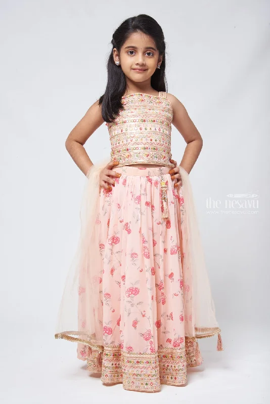 Salmon Shimmer: Mirror-Floral Lehenga Top & Embroidered Skirt for Girls cotton skirt soft