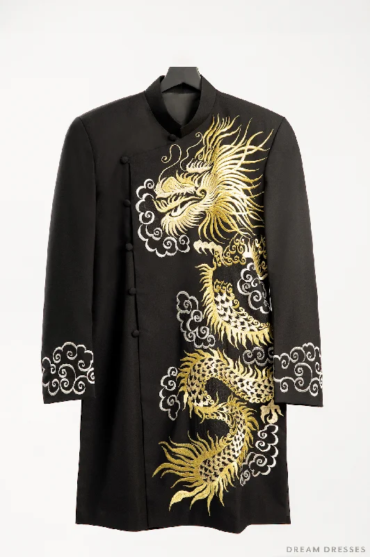 Black Groom Ao Dai Jacket with Dragon Embroidery | Vietnamese Ao Dai (#Shin) Cotton Fabric Linen Fabric Terry Fabric Black Groom Ao Dai Jacket with Dragon Embroidery | Vietnamese Ao Dai (#Shin) Cotton Fabric Linen Fabric Terry Fabric