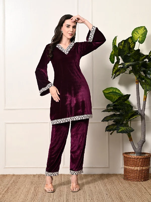Women's Magenta Velvet Kurta Pant - Myshka Formal Dress Pants